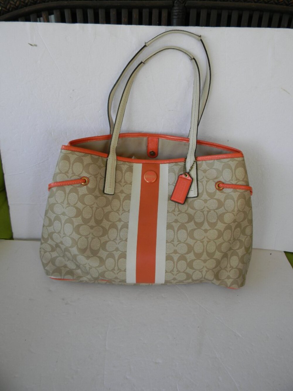COACH Coated Canvas SIGNATURE ORANGE Heritage Stripe X-Large Tote F23049